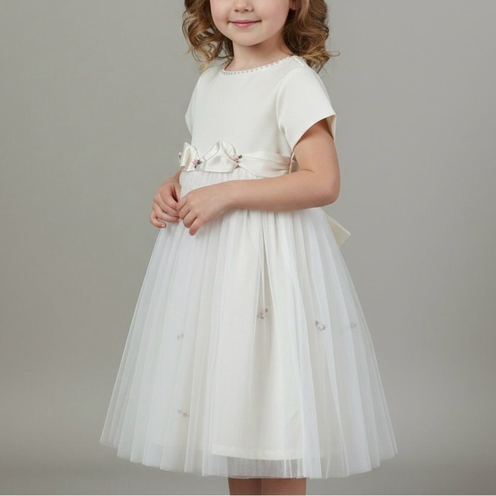 VTG Rose Cottage Elegant Vanilla Tulle Embellished Cap Sleeve Girls Dress SZ 5